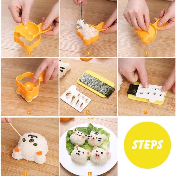 Søte risballformer for barn, Onigiri Sushi Form DIY 4 i 1 Dyremønster Riskoker