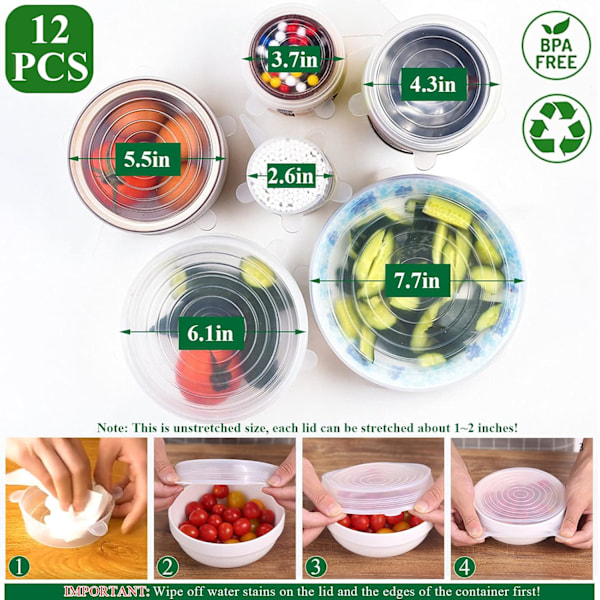 Silikon Stretch Lokk, 12 Pakning med Gjenbrukbare Silikonlokk for Matlagring BPA-frie Silikondeksler for Boller, 6 Ulike Størrelser for å Passe de Fleste Matbeholdere