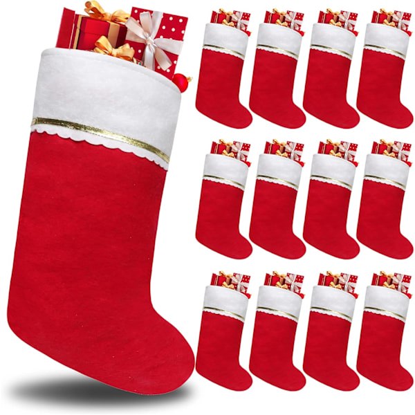 12 Pack Felt Christmas Stockings, 19 Inches Red and White Christmas Stockings Hanging Ornaments, White cuff with Gold Tr