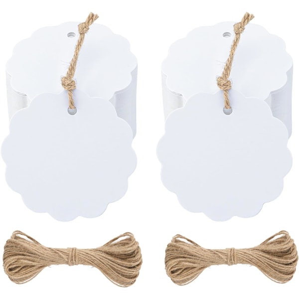 100 st Vit Craft Skalade Papperspresentkort med Snöre, 2,4\" Vita Runda Presentkort för Bröllopsfavoriter, Bröllopsfest, Födelsedag, Babyshower, Hantverk