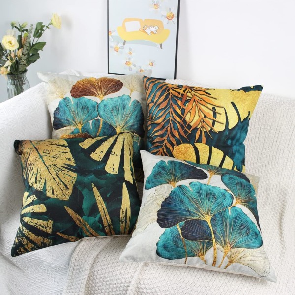 Cushion Covers 45 x 45 Set of 4 Teal and Gold Leaves Cushion Cove