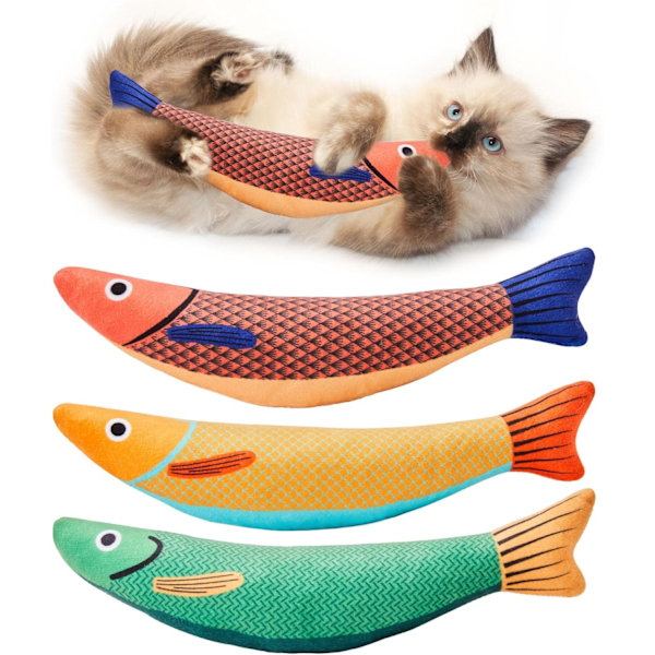 3-pack katt leksaker Makrillfisk, Kattmynta Knasterljud Leksaker Mjuka och Hållbara, Interaktiva Katt Kickleksaker för Inomhus Katt Ungar Träning 9,4 Tum för Alla Ras