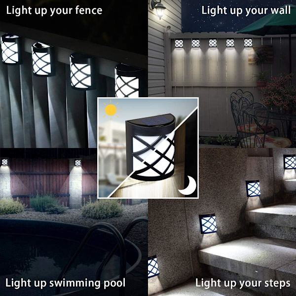 Solcelle Gjerdelys, 4 Pakker Solcelle Vegglys, Vanntette 6 LED So