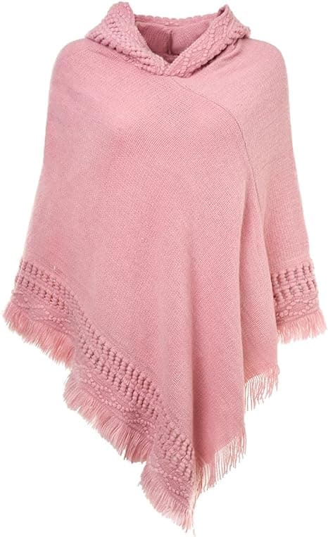 Stiligg og varm heklet poncho med hette (rosa) for høst og vinter
