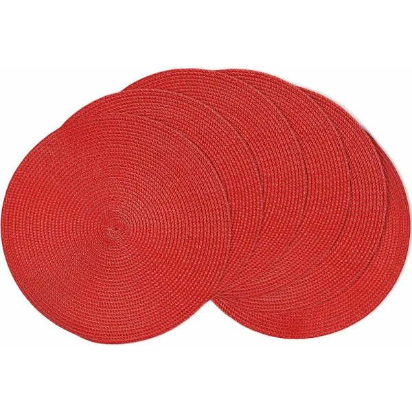 Sæt med 6 røde 38 cm rund dækkeservietter, vaskbar varmebestandig dækkeserviet