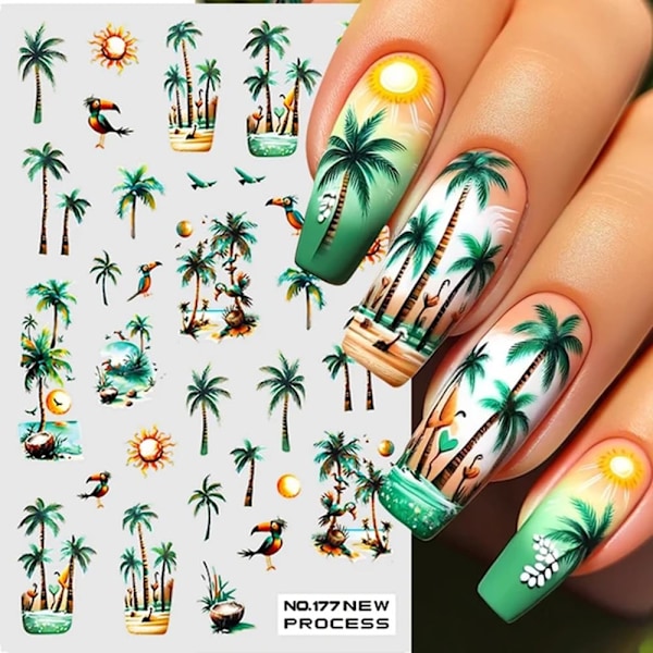 2 st Palmträd Flamingo Blommor Sommar Nageldesign Stickers Manikyr Tillbehör Tropisk Stil Nageldekaler för Akryl Nagelkonst Dekorationer Tillbehör