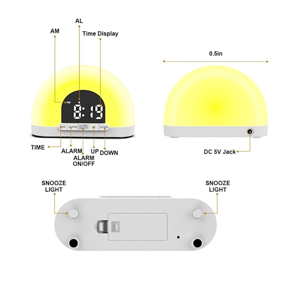Solnedgångssimuleringslarmklocka, Väckningslampa med nattlampa, Snooze, Vuxna, Tungsovare, Sovrum [Energiklass G]