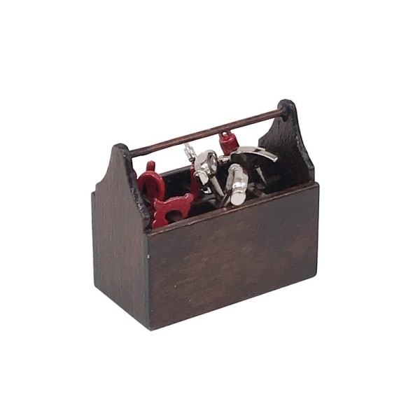 Miniature træværktøjskasse, dukkehusværktøjskasse med værktøj, minitræ