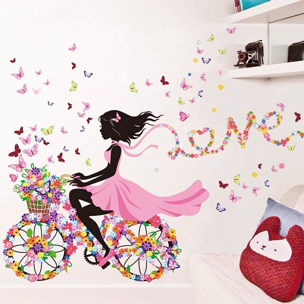 Flower Girl Ridning Cykel med Butterfly & Flower Väggdekaler fo
