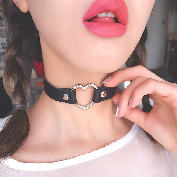 Kærlighedshjerte Justerbar Læder Choker Punk PU Halsk Goth Choker Blød Krave Kæde til Kvinder