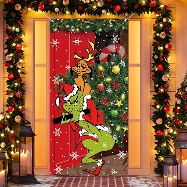 Green Christmas Decorations Door Cover Merry Christmas Door Cover 72x36inch Black Buffalo Grid Flag Photography Banner C