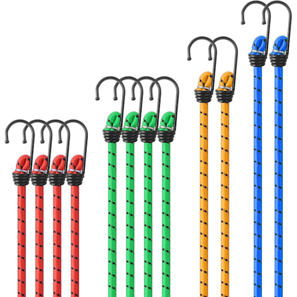 12 stk Bungee-snore med kroge, elastisk strop, 4 farver og dimensioner Bungee-snore med kroge, til møbler, vogne, motorcykler, camping