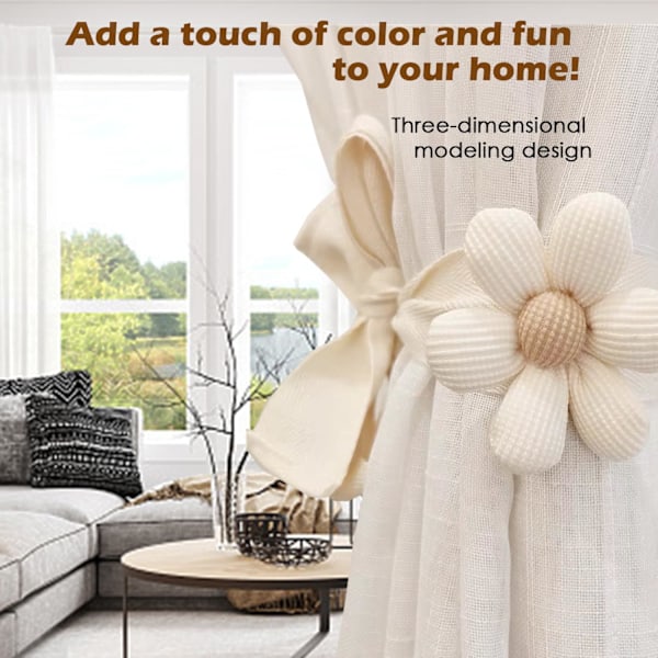 6 STK. Gardin 4 stk. Off white, 2 stk. Khaki Gardinbånd Boho Blomster Gardinholdere Enkle Elegante Solsikke Gardinholdere Boho Soveværelsesindretning