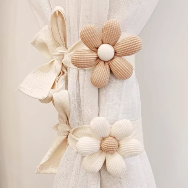 6 KPL Verho 4 kpl luonnonvalkoinen, 2 kpl Khaki-verhonpidikkeet Boho Kukkaverhonpidikkeet Yksinkertaiset Elegantit Auringonkukkaverhonpidikkeet Boho Makuuhuoneen sisustus