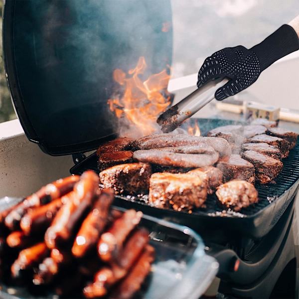 Grillaus käsineet, universaalit uunikäsineet, lämmönkestävyys jopa 800 °C, liukumattomat silikonista valmistetut palonkestävät keittiökäsineet, joissa on kyynärvarren suojaus, grilliin, leivontaan