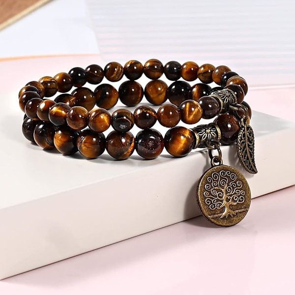 Brun Naturlig Halvædelsten Perler Armbånd til Kvinder - Livets Træ og Blad Charm Energi Healing Reiki Krystal St