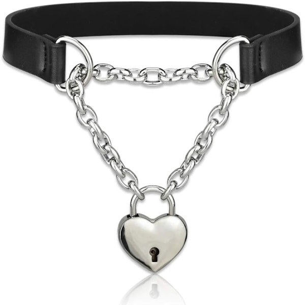 Goth Chokerhalsband för Kvinnor, Svart Choker och Hjärtformad Hänglås Dagkrage med Nyckel, Svart PU-Läder Chokerkrage för Kvinnor