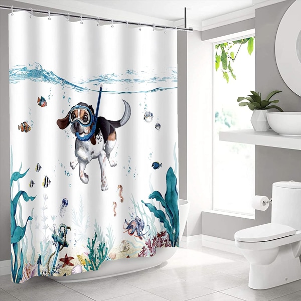 Bath Curtain Cute Diving Dog Marine Animal Shower Curtain Polyest