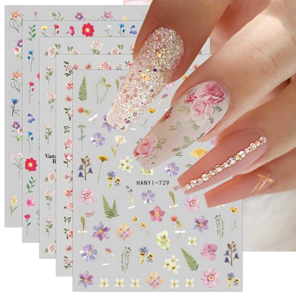 9 Ark Vårblomma Nagelkonst Klistermärken Dekaler Självhäftande Pegatinas Uñas Färgglada Sommar Blommor Nageltillbehör Nagelkonst Design Dekoration Tillbehör