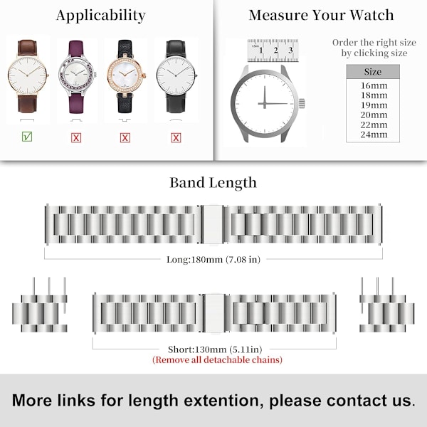 20mm hurtigutløsbare metallkjede-klokkebånd, rustfritt stål lenkeklokkearmbånd, passer til Samsung Galaxy Watch 5/4/3,G