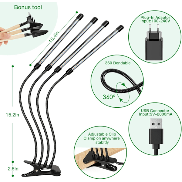 Växtlampa, 80 LED-lampor Växtlampa LED 4 Huvuden Växtlampa, 3 Ljusstyrkeinställningar, 10 Dimbara Nivåer och 3 Timerlägen (3/9/12H)