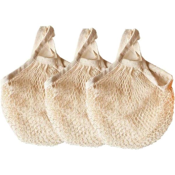 Ecology Återanvändbara Matkassar i Bomullsnät Bomullsnätkasse Nät Shoppingkassar 3-pack (Beige)