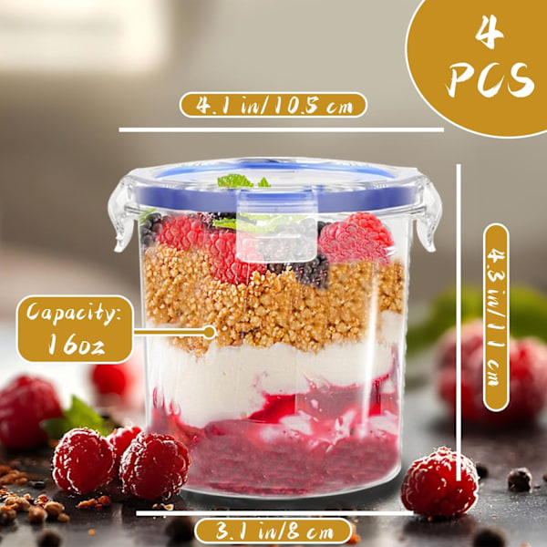4 st Över Natten Havrebehållare med Lock, 47 cl Plast Havre Förberedelse Behållare Burkar, Återanvändbara Frukostflingor Yoghurt Frukt Förvaringsmuggar för Frukost Lunch Picknick