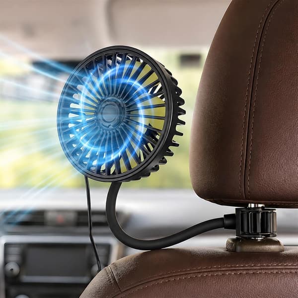 USB Bilventilator, 360° Rotation, Nakkestøttemontering, 3 Hastigheder, Kompatibel med Sedaner, Sort
