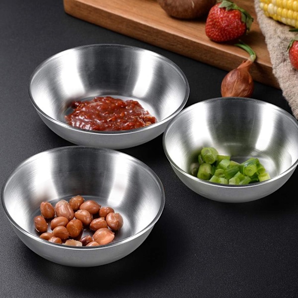 8 Pakk 3,2 tommers Rustfritt Stål Sausfat Mini Individuelle Saucer Skål Runde Krydderfat Sushi Dyppeskål Forrettertallerkener, Sølv