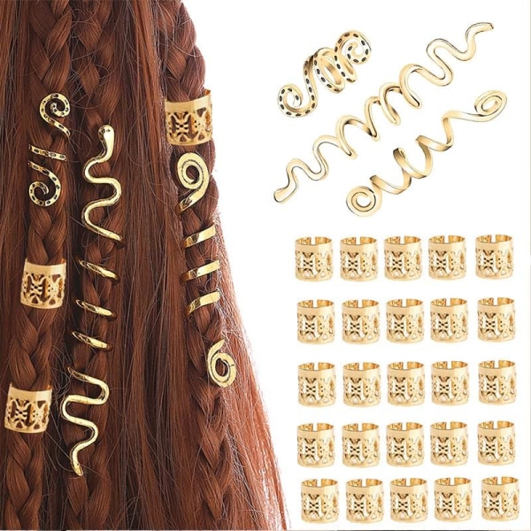 28 bitar metall spiralspole Viking hårfläta pärlor (guld), tillbehör