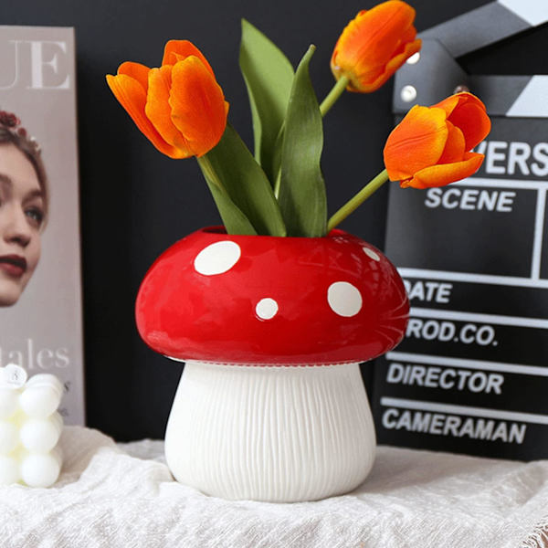 Soppvase Rød Vase Sopp Blomster Vase Moderne Stue Dekorasjon Keramiske Vaser Sopp Vase Bordvase for Pampasgress Tørkede Blomster Dec
