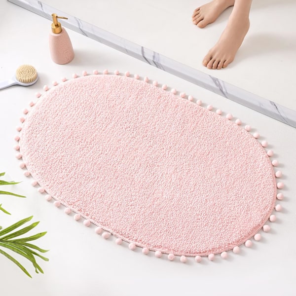 Bath Mat Blush Pink Rug with Pom Oval Bathroom Rugs for Bedroom Non Slip Cute Boho Absorbent Mats Soft Plush Washable Ru