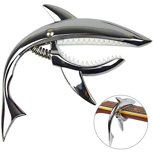 Gitarrkapo i zinklegering, Shark Capo för akustisk och elektrisk gitarr med bra grepp, ingen surr och hållbar (Silver)