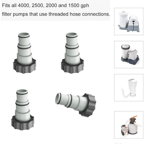 4 stk. Svømmebassengadaptere, erstatning for Intex A-serie slangetilkobling med gjenger, 1,5\" og 1,25\" diameter slange, pumpetilkobling for svømmebassengsett