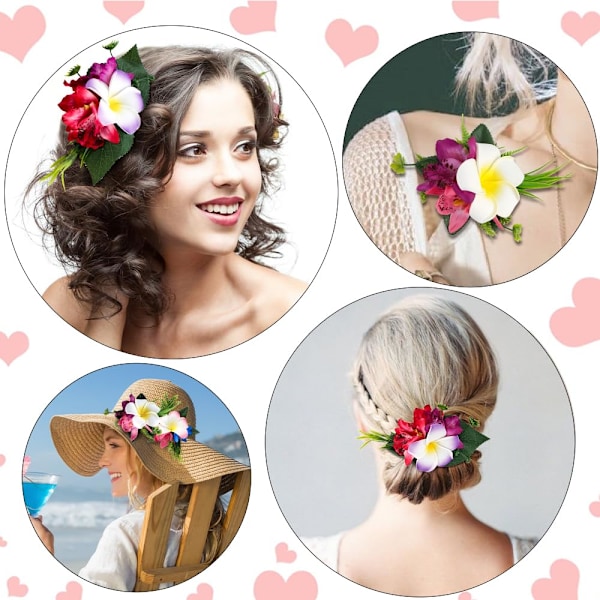 Hårpynt med Hawaiisk Plumeria-blomst for kvinner og jenter - 4 stk. Kunstige blomsterhårspenner og nåler for strand, Luau-antrekk, festfrisyre