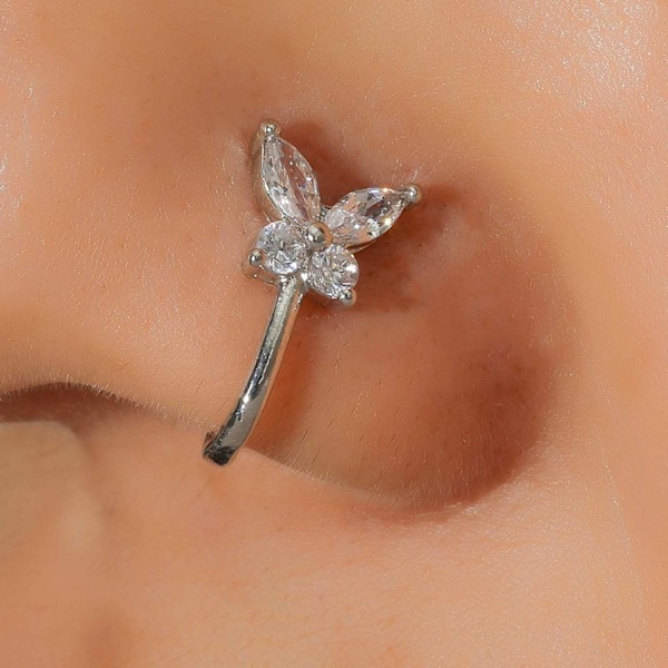 Krystall Sommerfugl Septum Neseringer - Små, U-formet, Clip On, Bøybar Studs - Sølv, Fake, Smykker for Kvinner