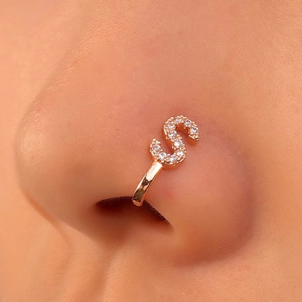 Kristall Initial Näsring Guld Falsk Septum Näsringar Koppar Inlagd Zirkon Bokstav S Näsmanschett Litet Alfabet U-format Clip On Näsring Böjbar Non Pi
