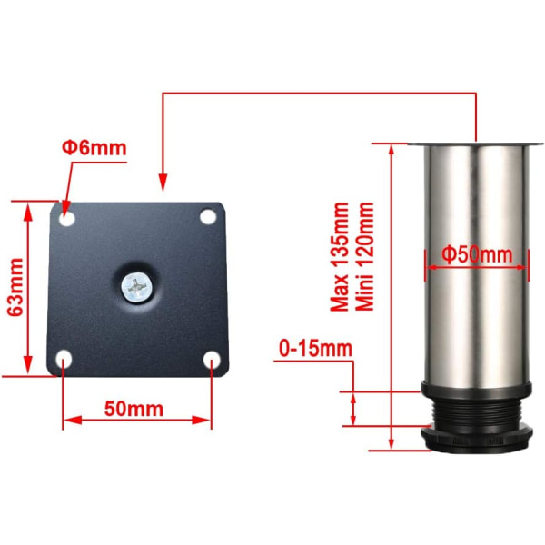 4 säädettävää jalkaa - korkeus 120 mm, paksu kalustejalat, säädettävät