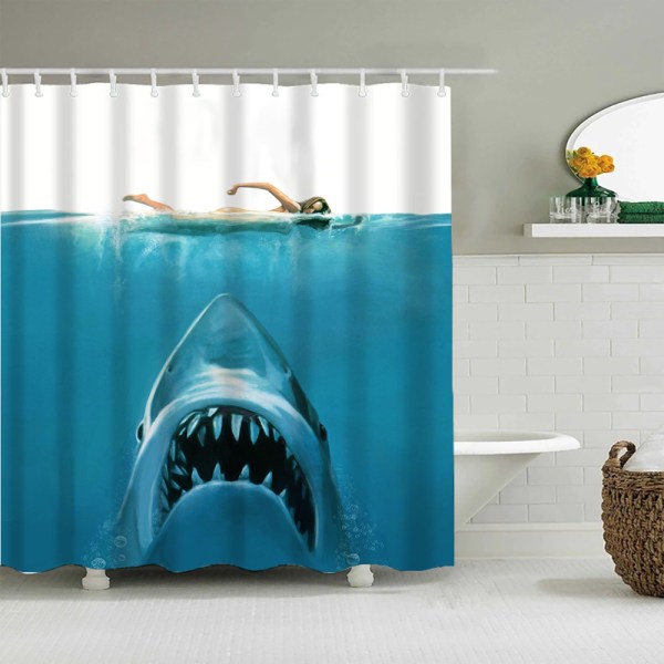 Duschdraperi haj (150 x 180 cm), rolig duschdraperi med havstema