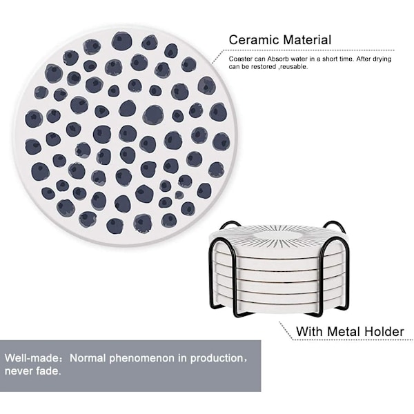 Set med 6 drikkebrikker med holder Absorberende keramiske steinbrikker med korkbunn Varme- og ripebestandighet Decora