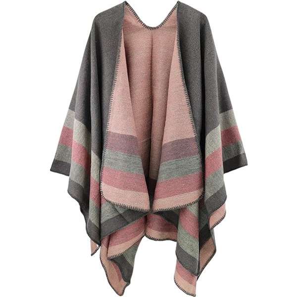 Poncho Shawl Women's Scarf Cape(Striped/Grey) Thickened Elegant W