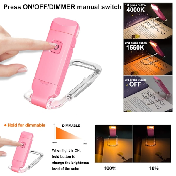 USB Oppladbar Boklampe for Lesing, Liten Bokleselampe i Sengen, Klemme på Bokmerke Barnelampe for Sengen, Justerbar Lysstyrke for Øyepleie, 2 4000K