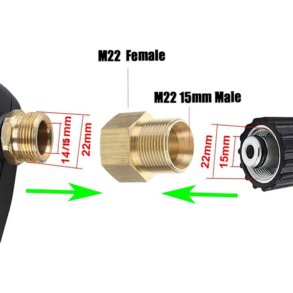 Koppling för högtryckstvätt i mässing, metrisk M22 15 mm hane till M22 14/15 mm hona inre gänga slangadapter