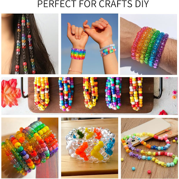 1000+ stk. Glitter Perler Pony Perler Bulk, Akryl Perler 9mm Store Plastik Perler til Armbånd Store Huller Hårfletninger Håndværk DIY Projekter