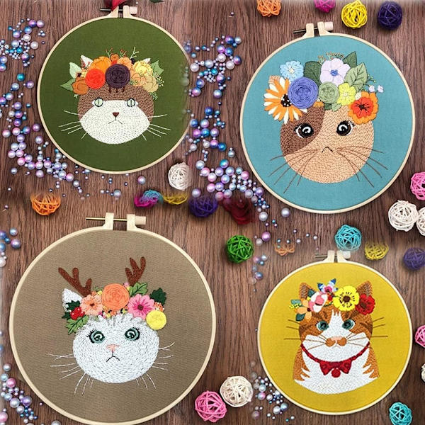 Broderikit for voksne nybegynnere - Gul med stoff med kattdesign