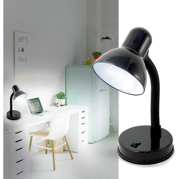 Klemmelampe, E27 Pærebase, LED Kompatibel, Fleksibel Arm, med Kabel og Afbryder. Metal. Til Børneværelse, Skrivebord, Natbord, Sengelampe, Sort