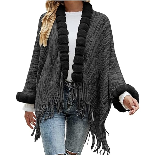 Universal Varm Poncho for Kvinner - Svart, Elegant Kunstig Ullfrynser