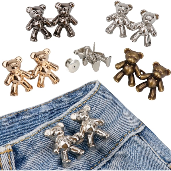 4 Set Söta Nallebjörns Knappnålar för Jeans, Inget Sömnad och Inga Verktyg Direkt Åtdragare för Byxmidja, Justerbara Jeansknappar för Lösa Jeans Ersättningsbyxor