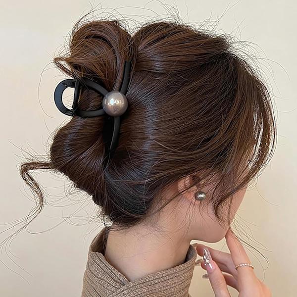 Matte Black Pearl Hair Claw Clips Elegant Pearls Hair Claws for Women French Medium Hair Clip for Thick Hair Black Tip R