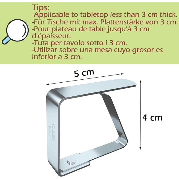 4 cm x 8 delar dukklämmor Set med 8 bordsklämmor i rostfritt stål